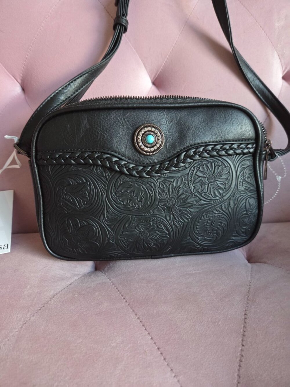 Black Western Floral Tooled Crossbody Purse Turquoise Concho Double Zip Shoulder